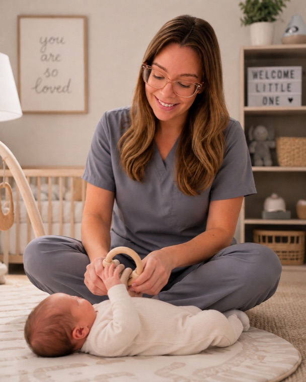 Shannon supporting a newborn during gentle floor play